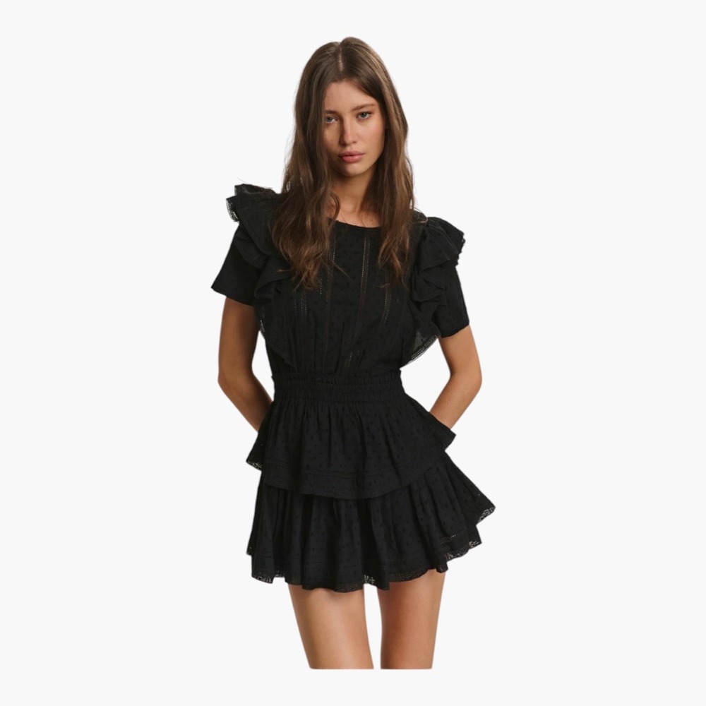 LoveShackFancy Natasha Heritage Mini Dress Eyelet Ruffle Tiered in Black Size M